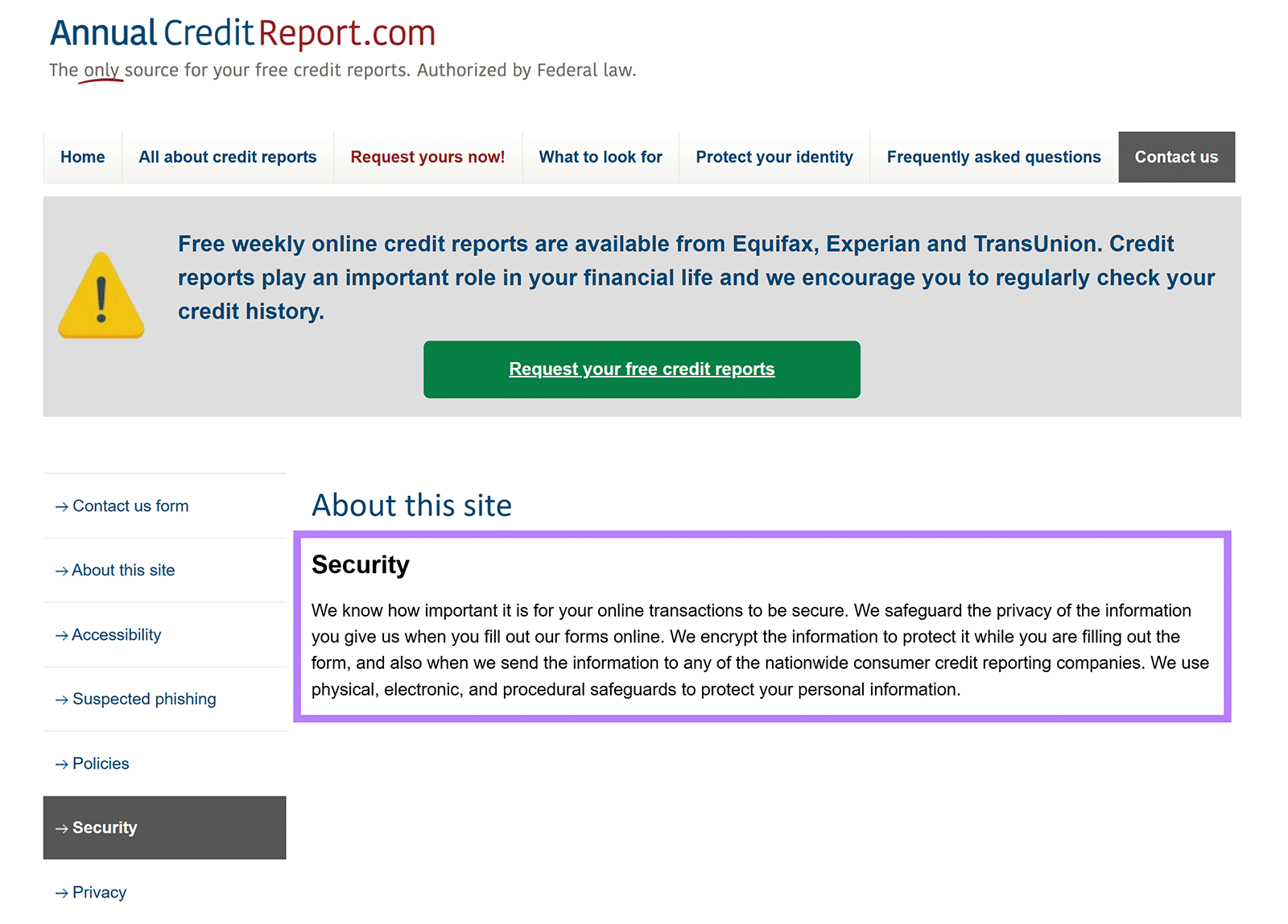AnnualCreditReport.com security page explaining safeguards for online credit report requests