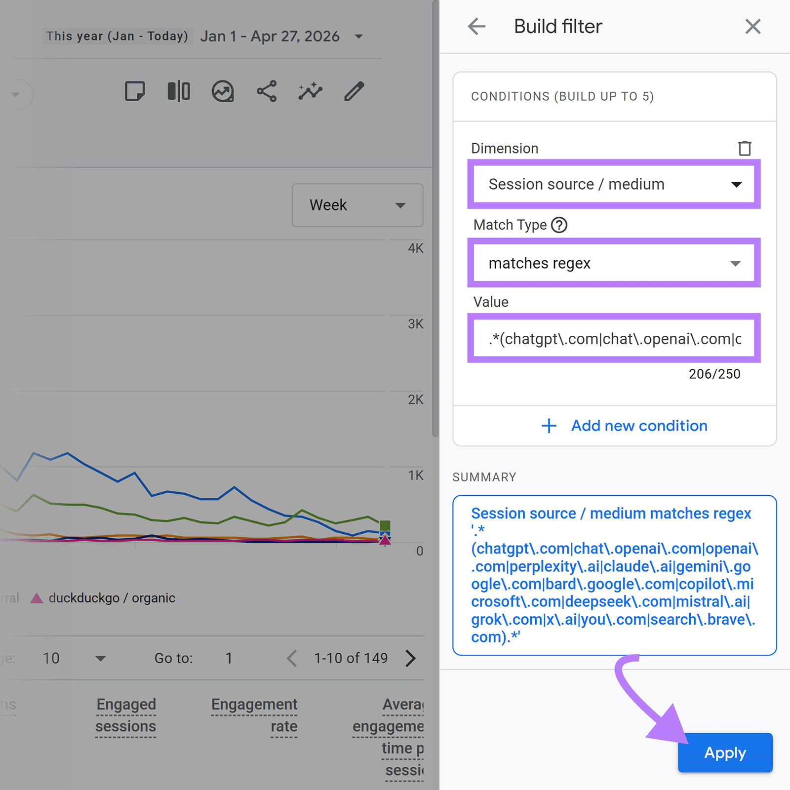 GA4 regex filter builder for tracking referral traffic from ChatGPT, Perplexity, Gemini, and other AI platforms