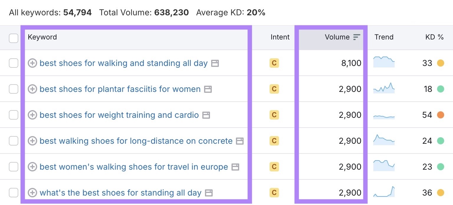 A list of long-tail keywords along with their high search volumes highlighted on the Keyword Magic Tool.