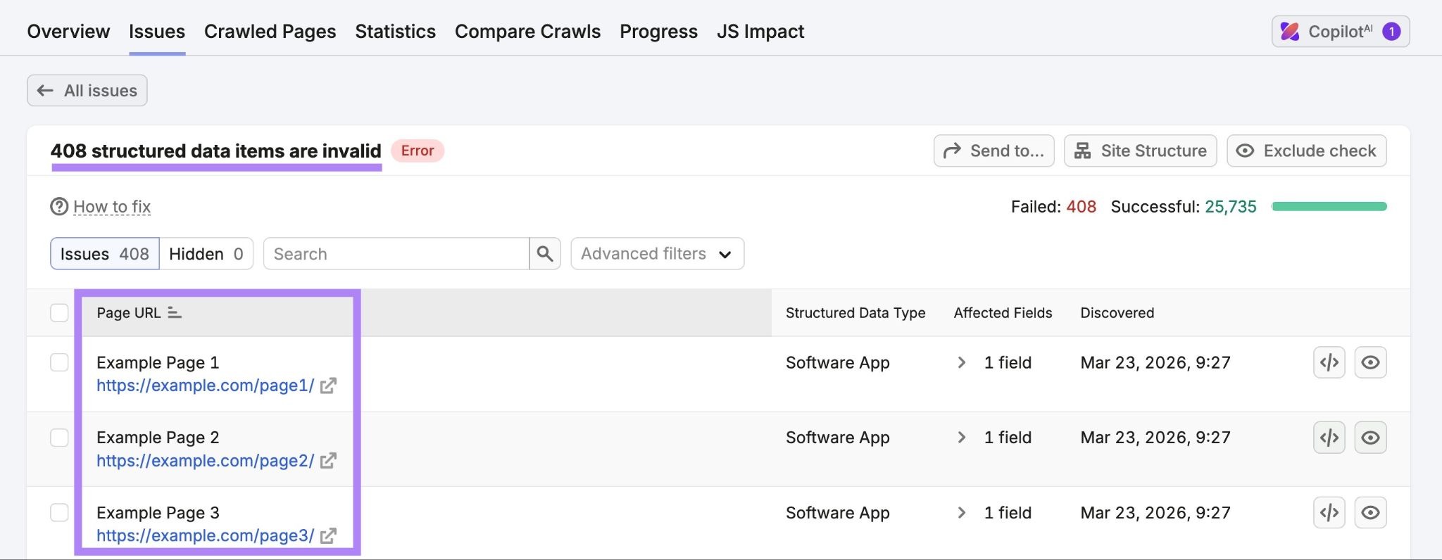 Structured data issues on Site Audit showing a list of pages with invalid schema markup.