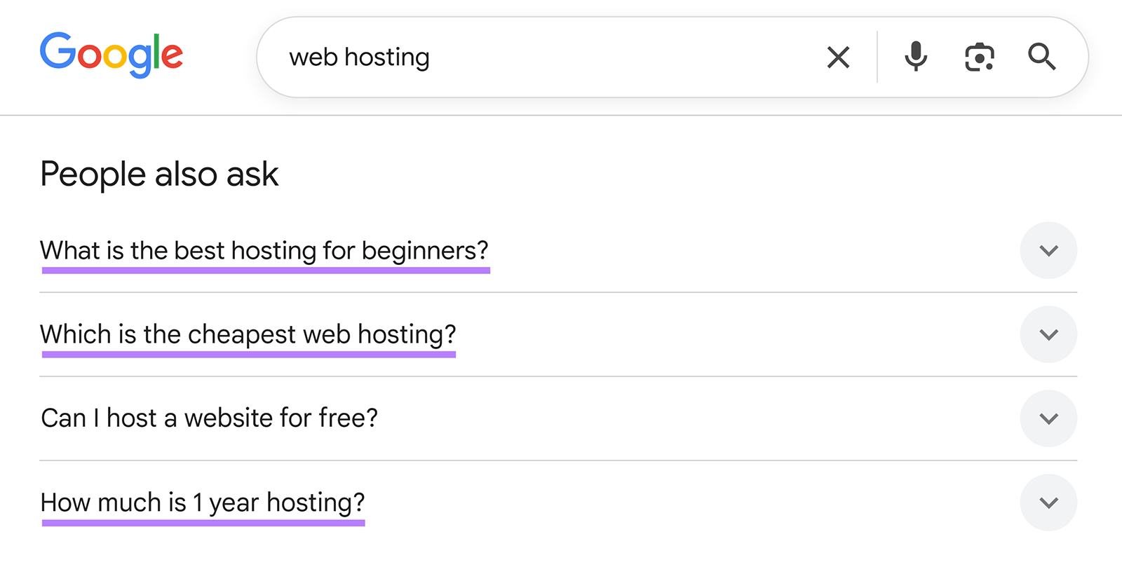 Google “People also ask” section with questions about web hosting and pricing