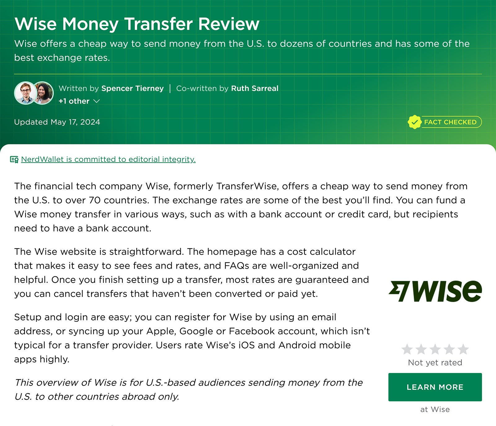 NerdWallet Wise review highlights low fees, strong exchange rates, and broad international transfer coverage