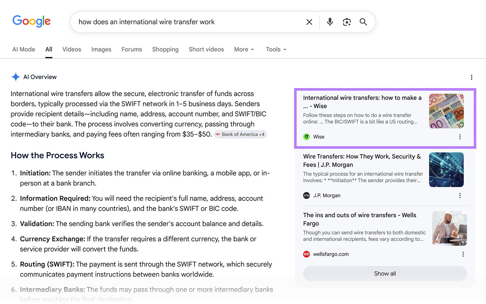 Google AI Overview for international wire transfers cites Wise as the top source alongside major banks