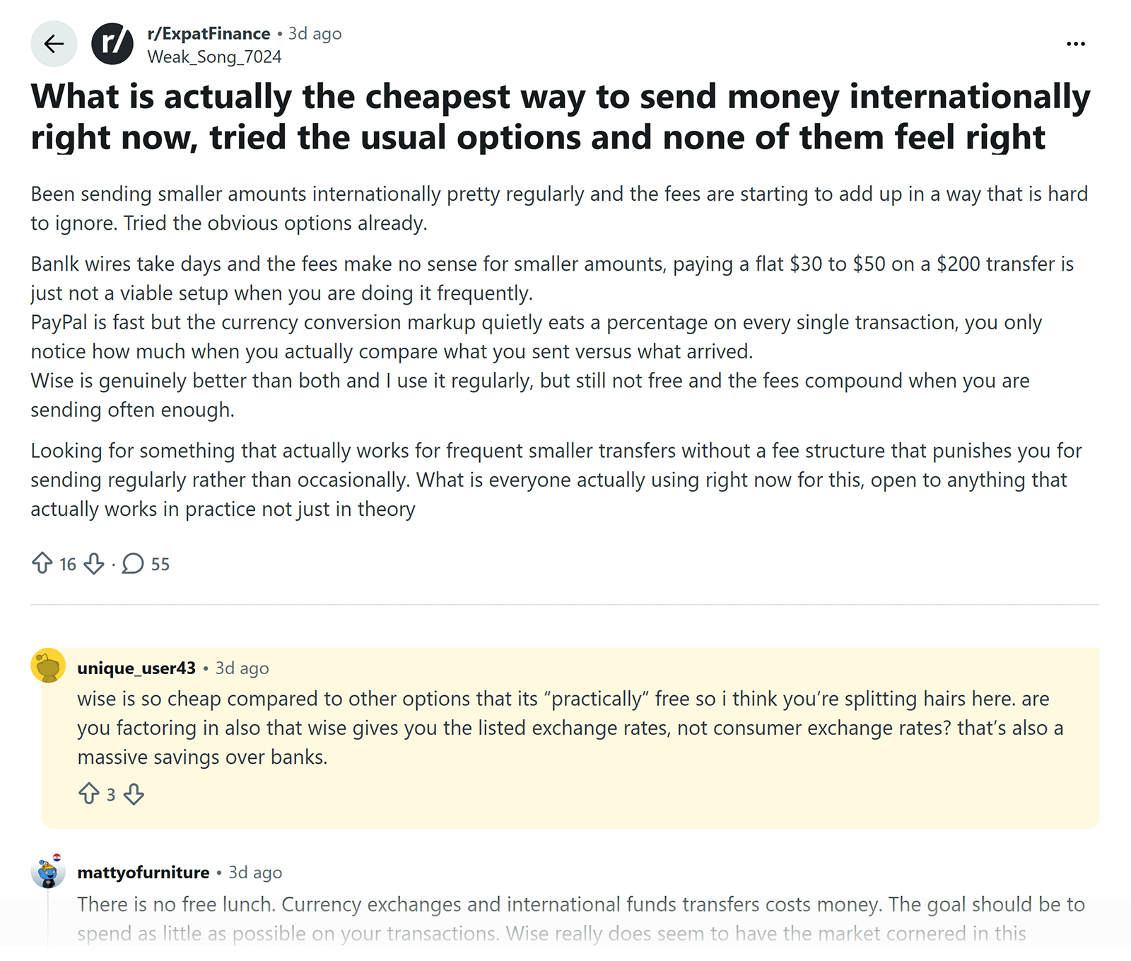 Reddit discussion on cheapest international transfers repeatedly cites Wise as the leading practical low-cost option