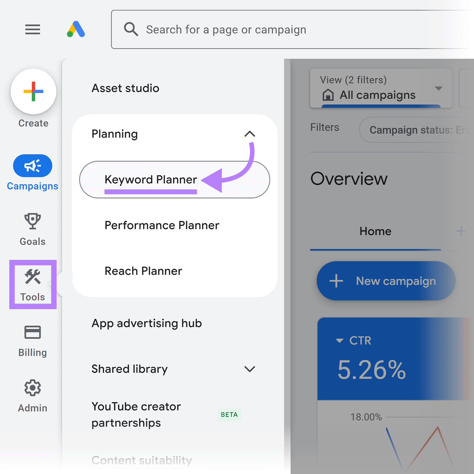 Google Ads dashboard highlighting the Keyword Planner tool in the Tools menu