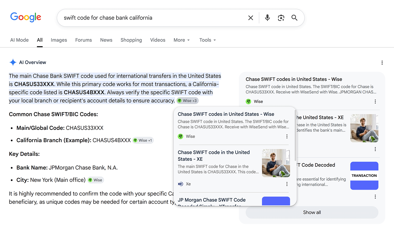 Google AI Overview uses Wise as a cited source for Chase SWIFT code and international banking details