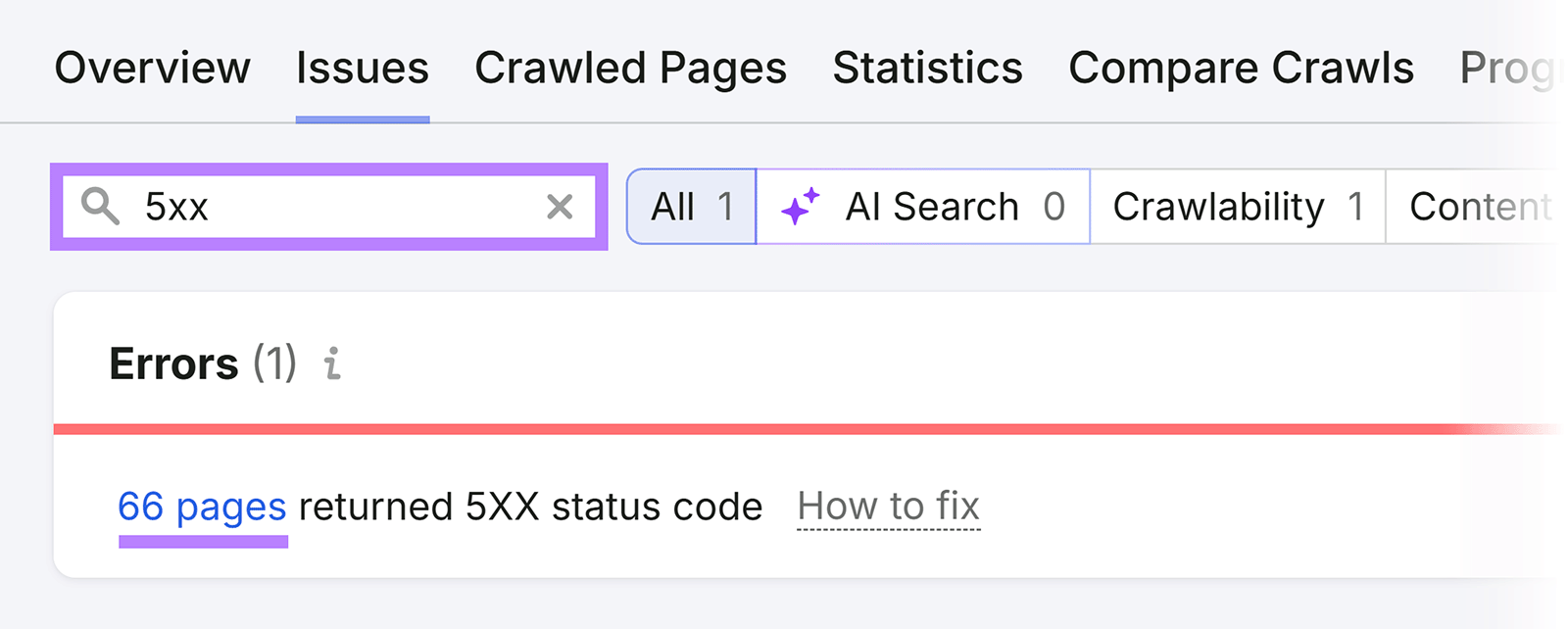 Semrush Site Audit showing 66 pages returning a 5XX status code