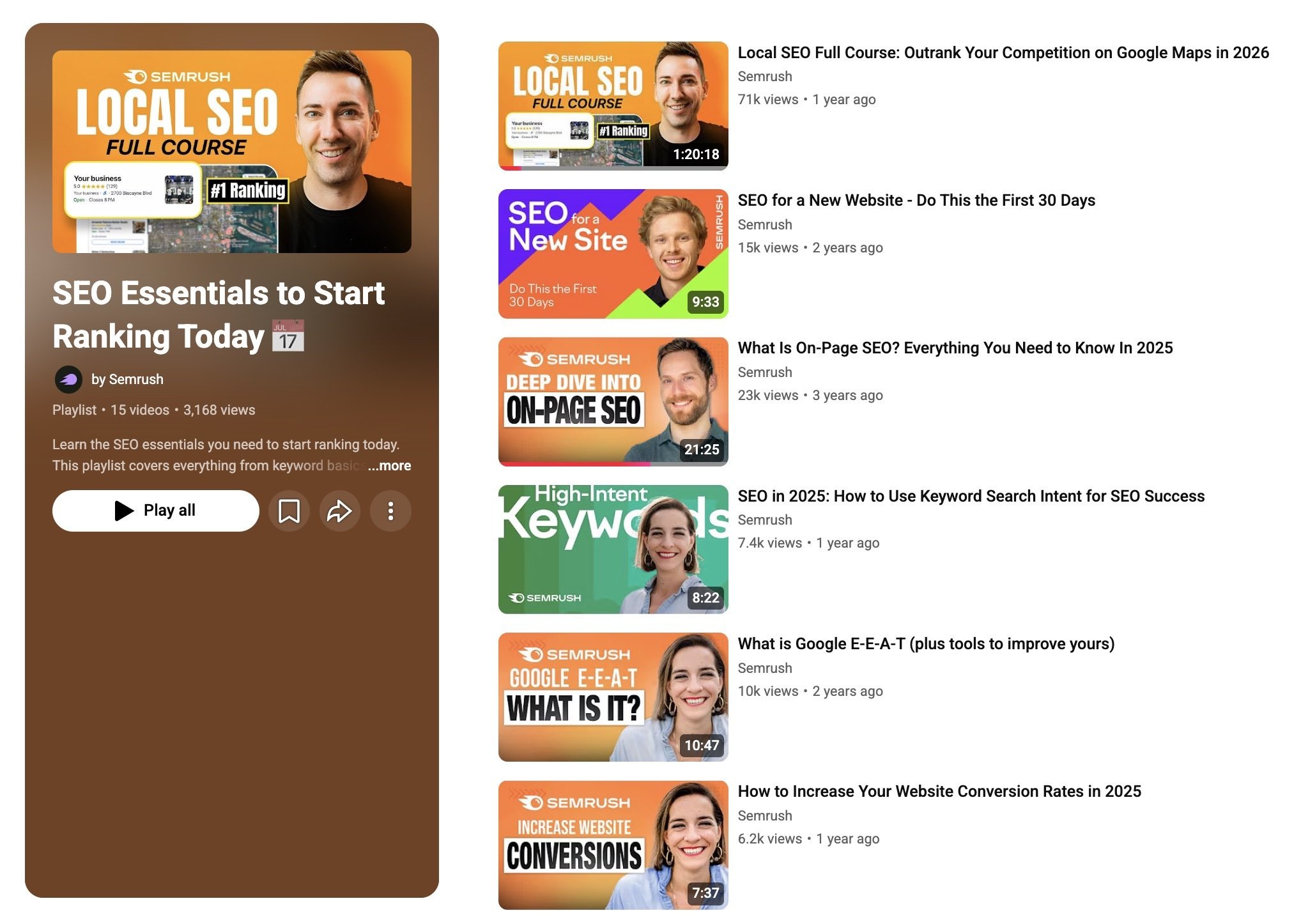 A video playlist covering SEO essentials by Semrush on YouTube.