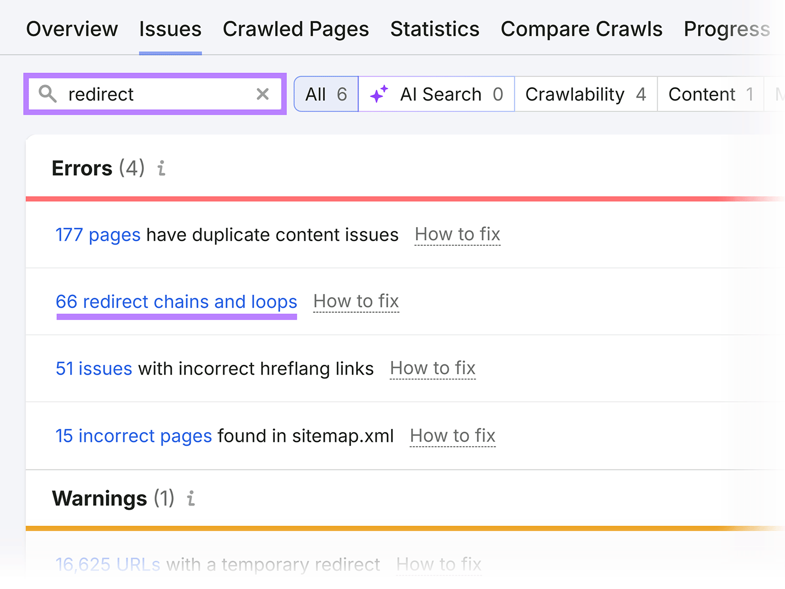 Semrush Site Audit issues filtered for redirect problems, including chains and loops