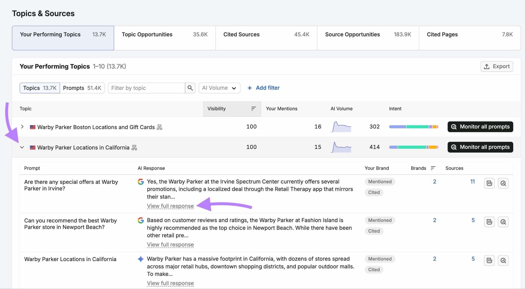 Topics & Sources with a topic expanded and the "View full response" button highlighted.