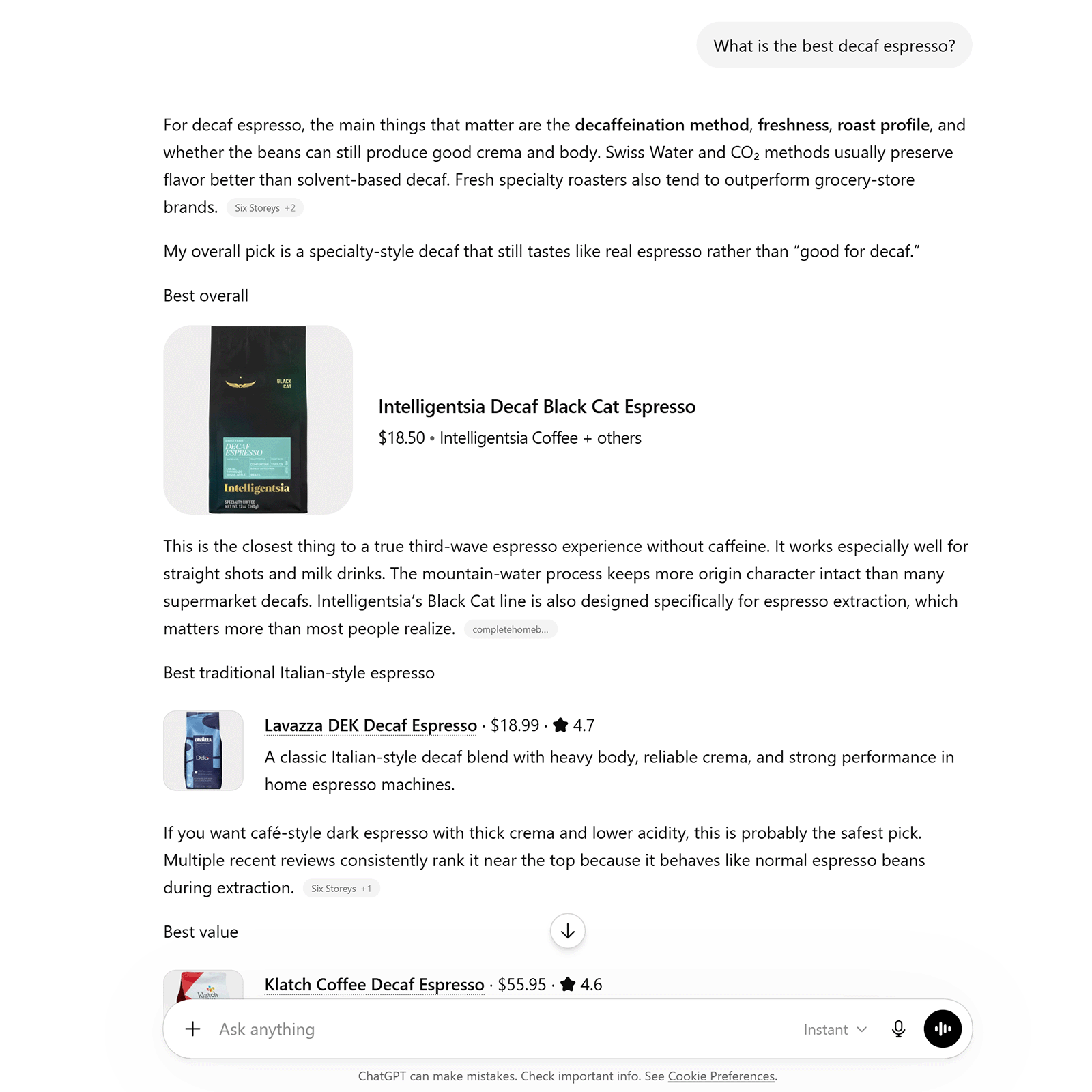 ChatGPT response recommending decaf espresso products for a commercial search query