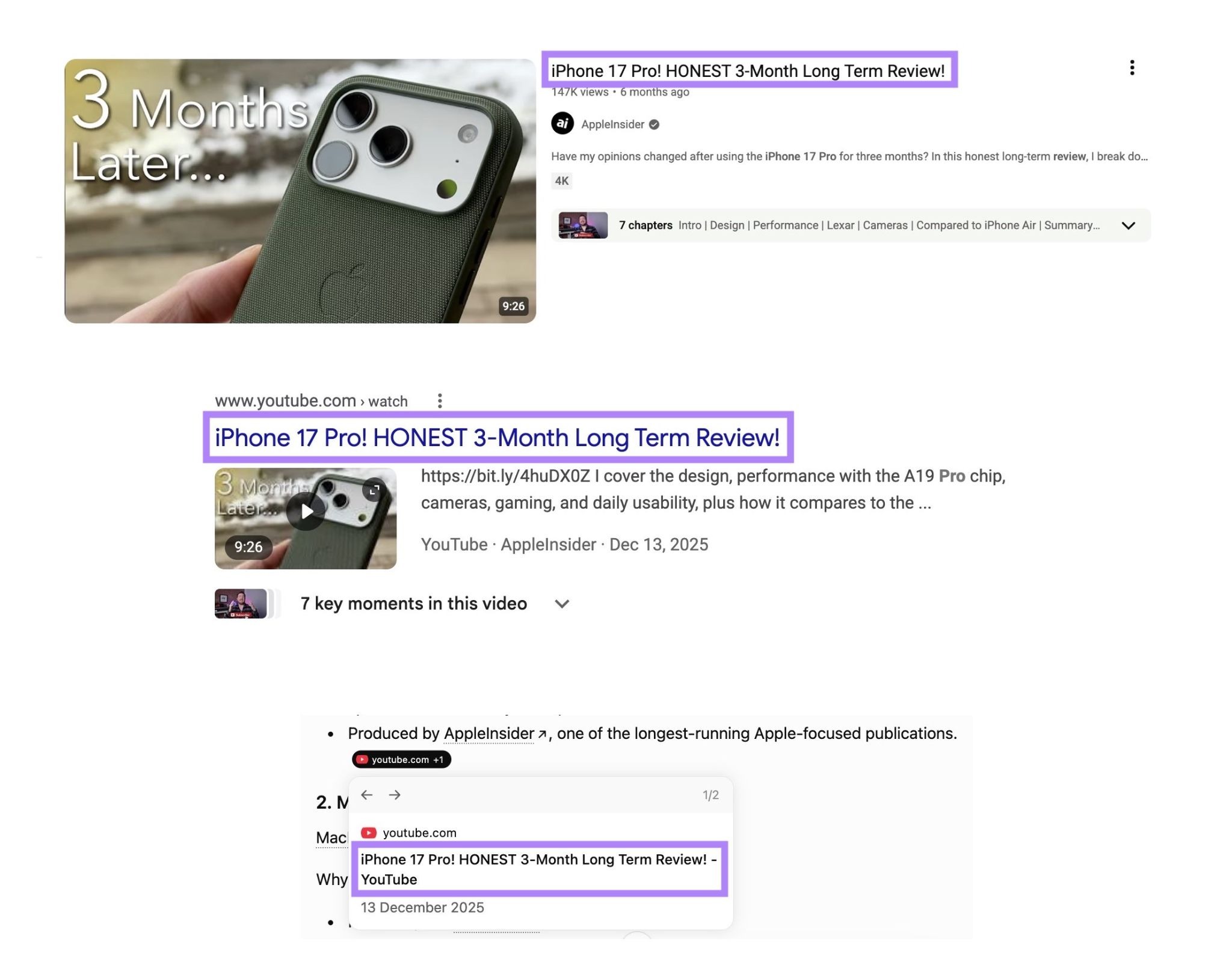 How a video title appears on YouTube, Google, and ChatGPT.