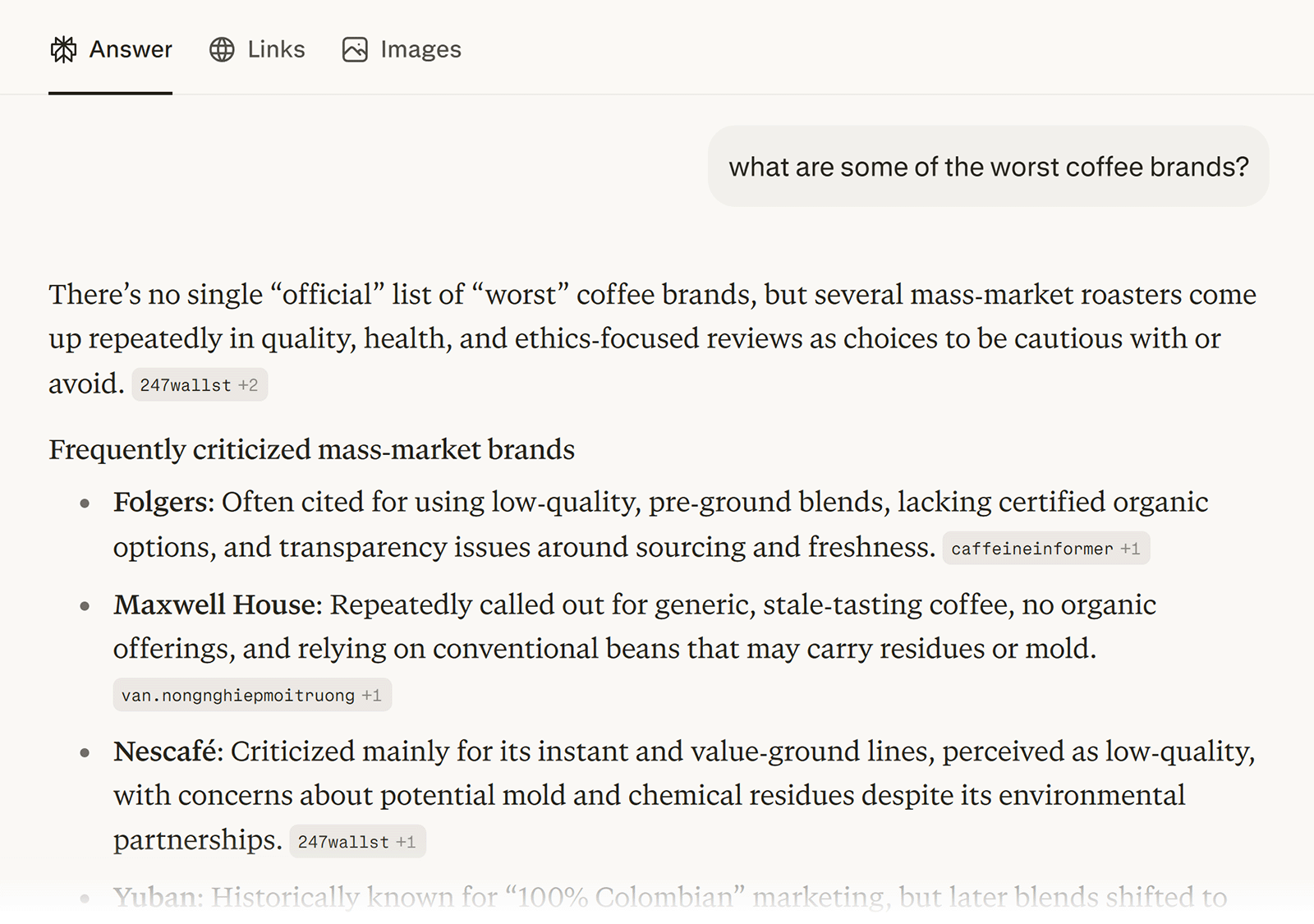 AI answer listing “worst” coffee brands like Folgers and Nescafé based on quality and ethics concerns