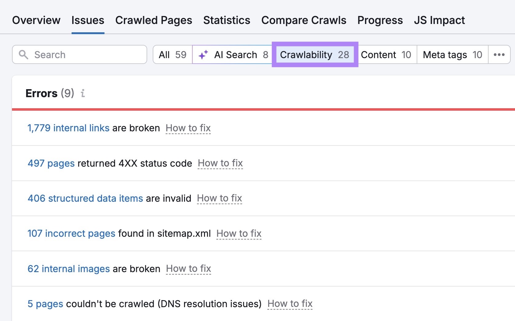The "Issues" tab of the Site Audit tool with "Crawlability" selected showing a list of related errors.