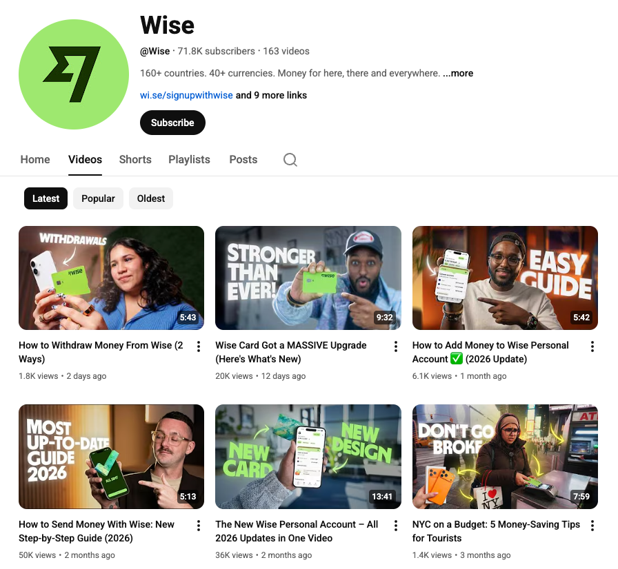 Wise YouTube channel features tutorials and product guides that expand its visibility across video search results