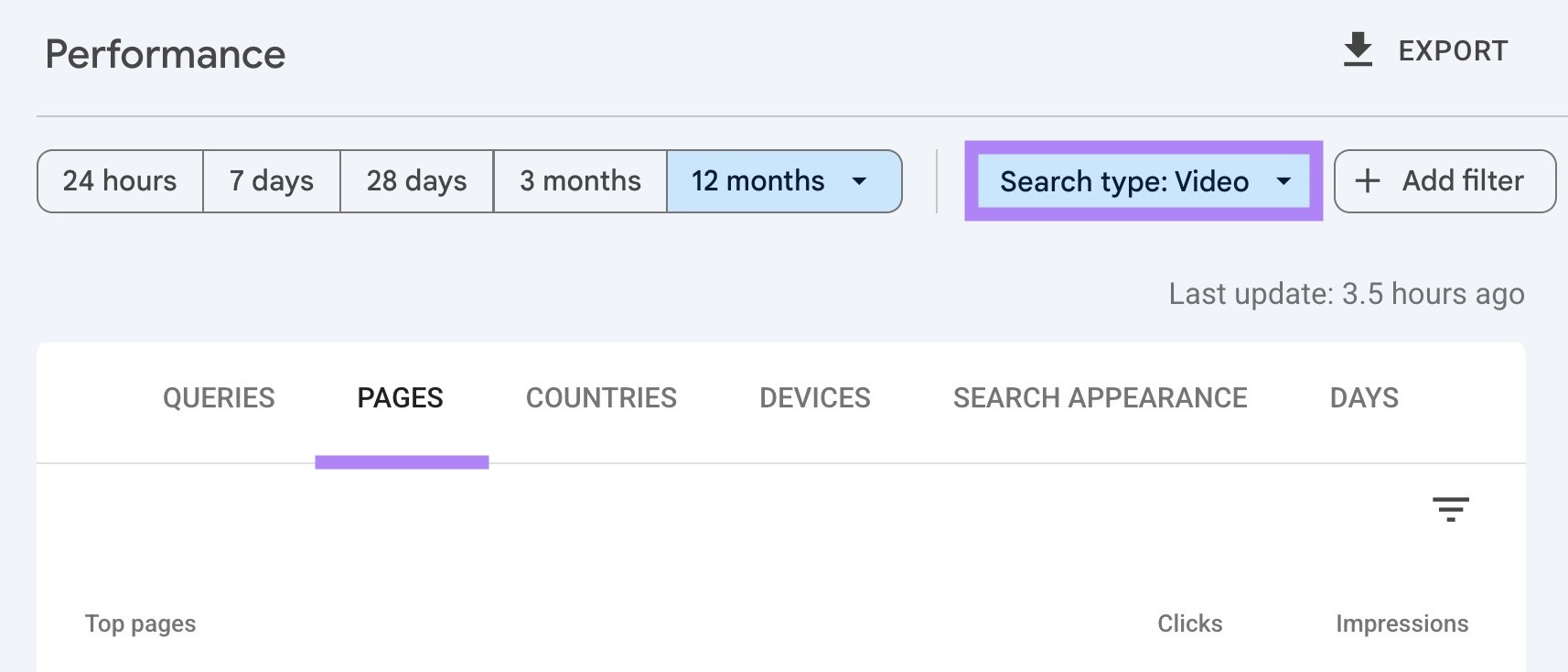 "Video" selected as the search type and the "Pages" tab selected on Google Search Console.