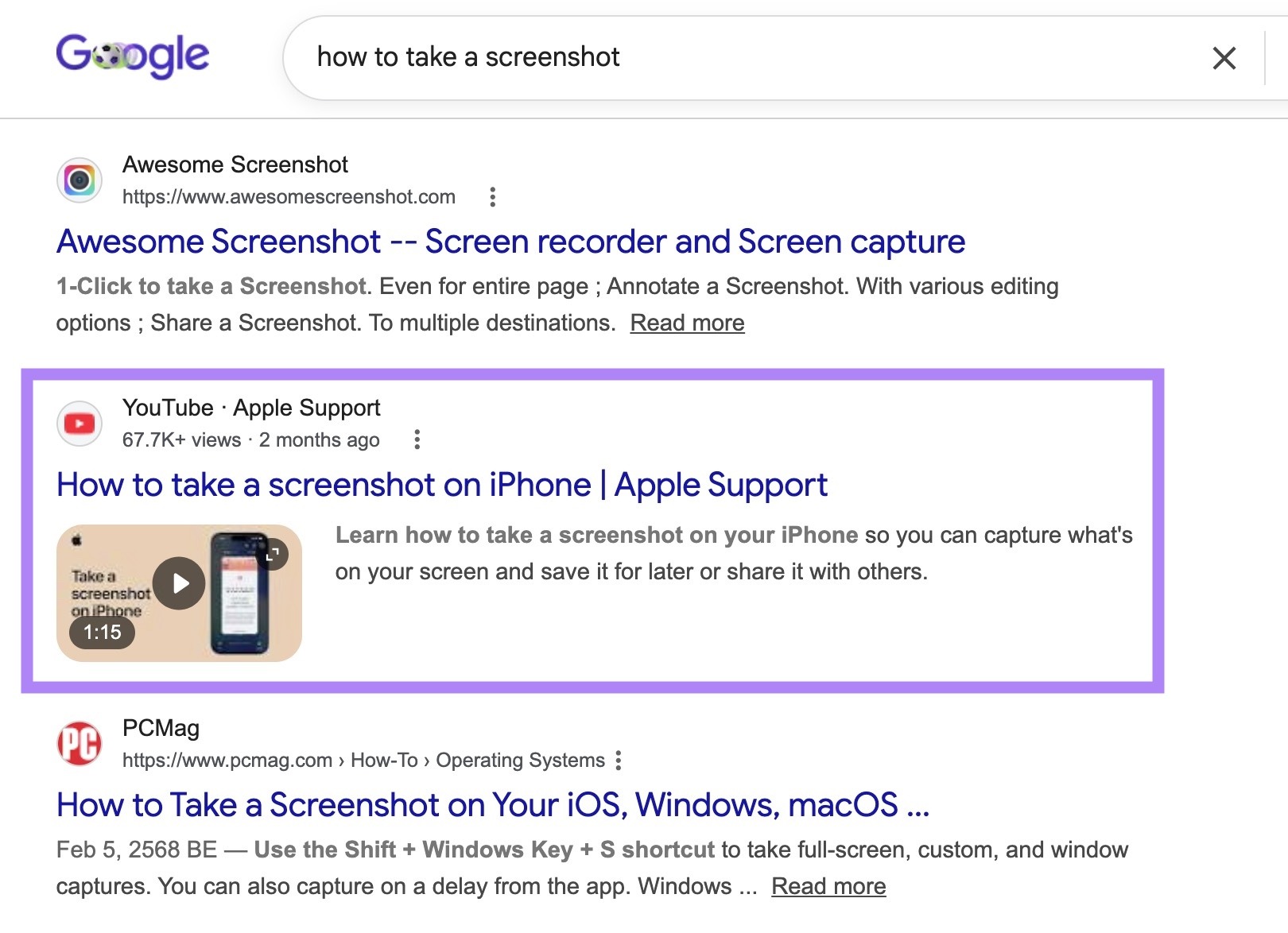 SERP results for "how to take a screenshot" with a rich result featuring a video highlighted.