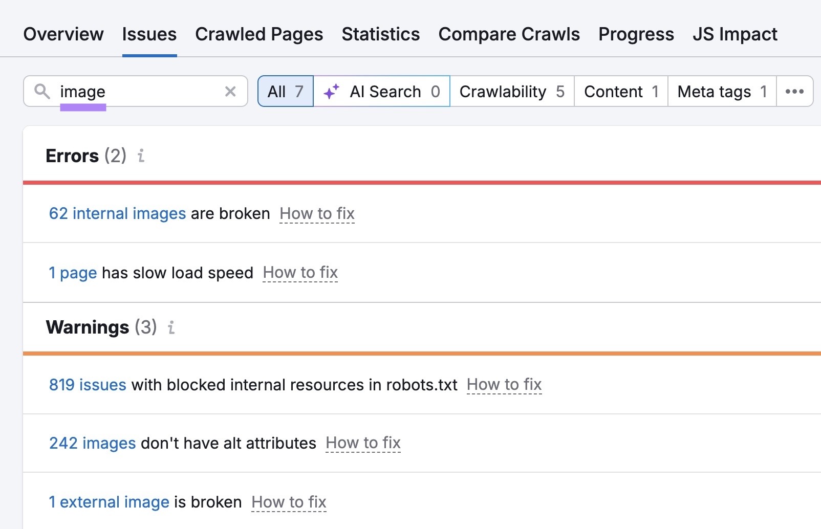 "image" entered on the "Issues" tab of the Site Audit tool showing a list of related errors and warnings.