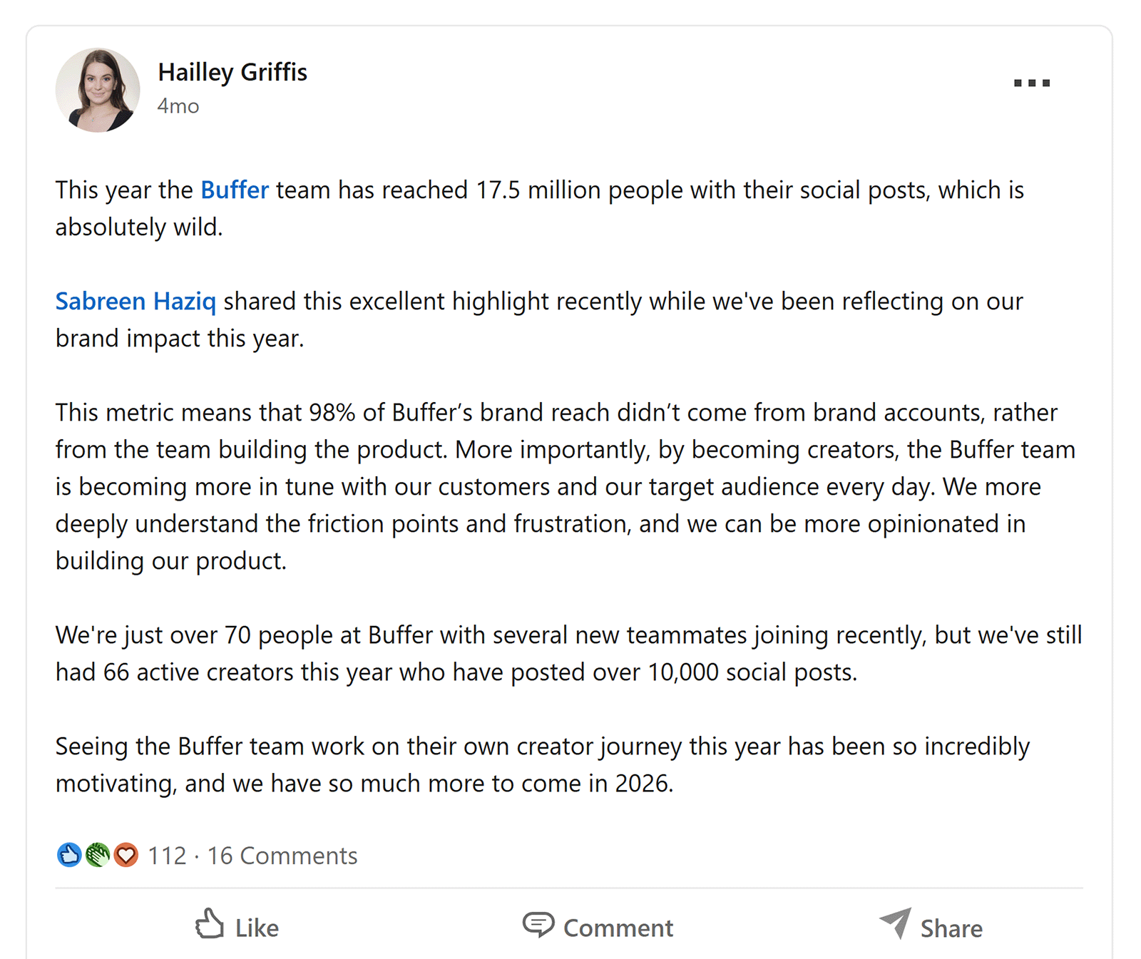 LinkedIn post from Buffer team member showing team-driven social reach, with 17.5 million people reached and 98% of brand reach from employees