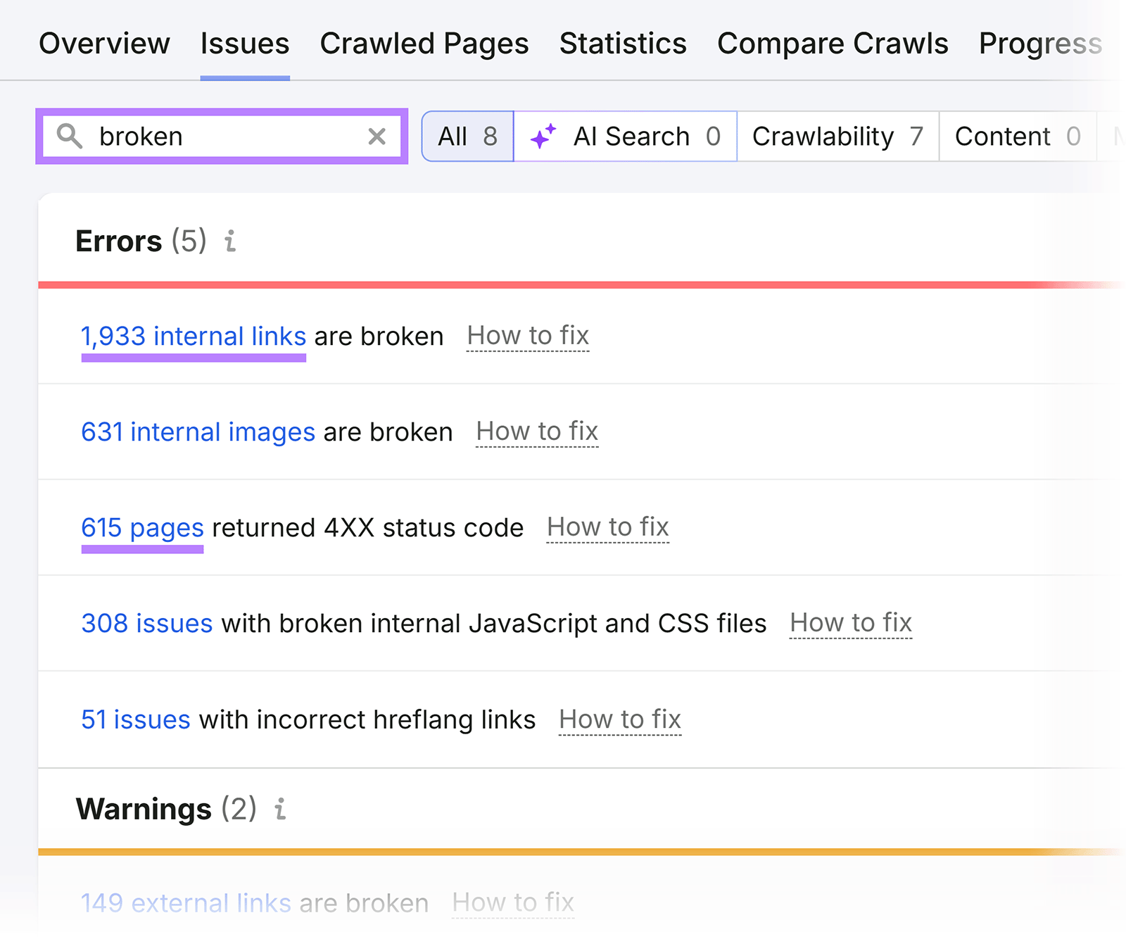 Semrush Site Audit issues filtered for broken links, images, pages, and files