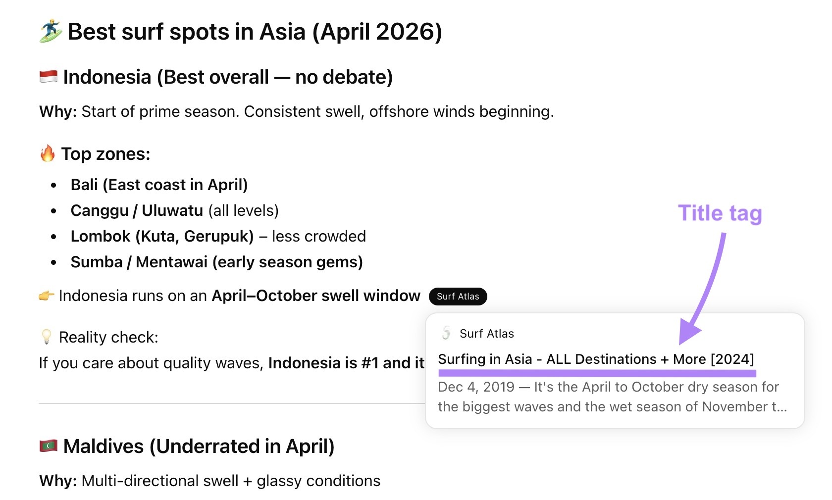 A response on ChatGPT with the title tag of a cited page highlighted.