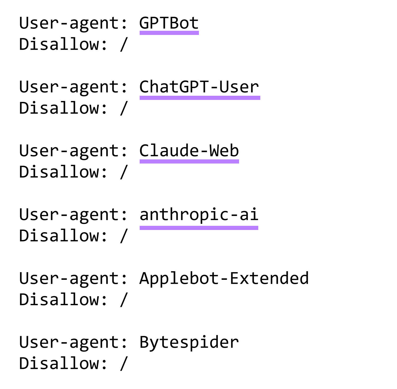 Robots.txt directives blocking AI bots including GPTBot, ChatGPT-User, and Claude-Web