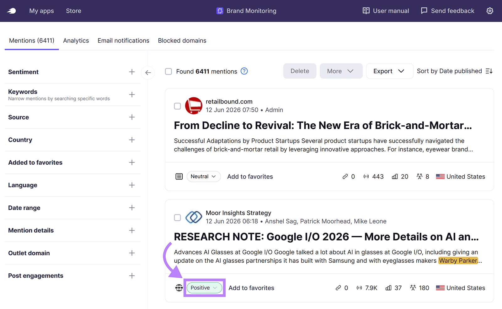Semrush Brand Monitoring report showing mentions and positive sentiment for a brand