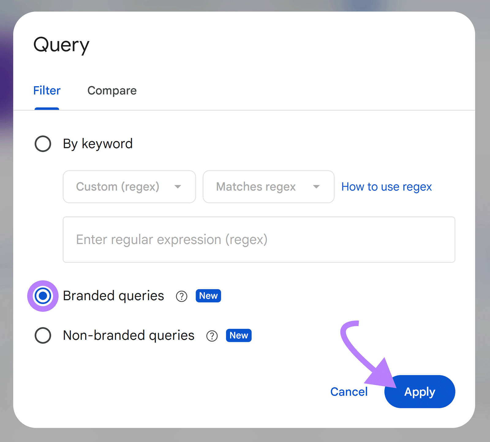 Google Search Console branded queries filter selection highlighting branded search traffic segmentation