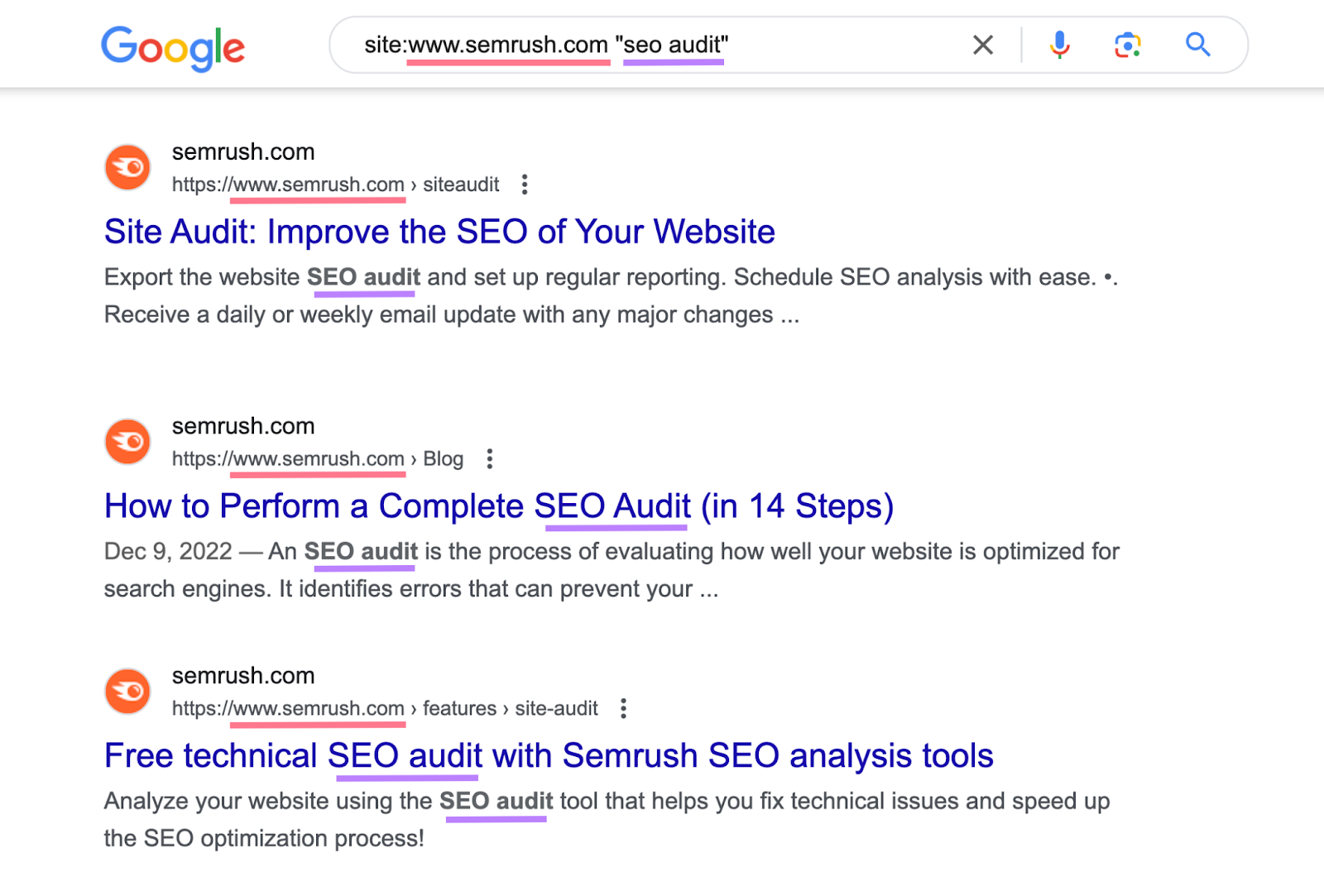 search for "site:sem.razztools.in "seo audit"" shows list of urls on semrush with keyword mentioned