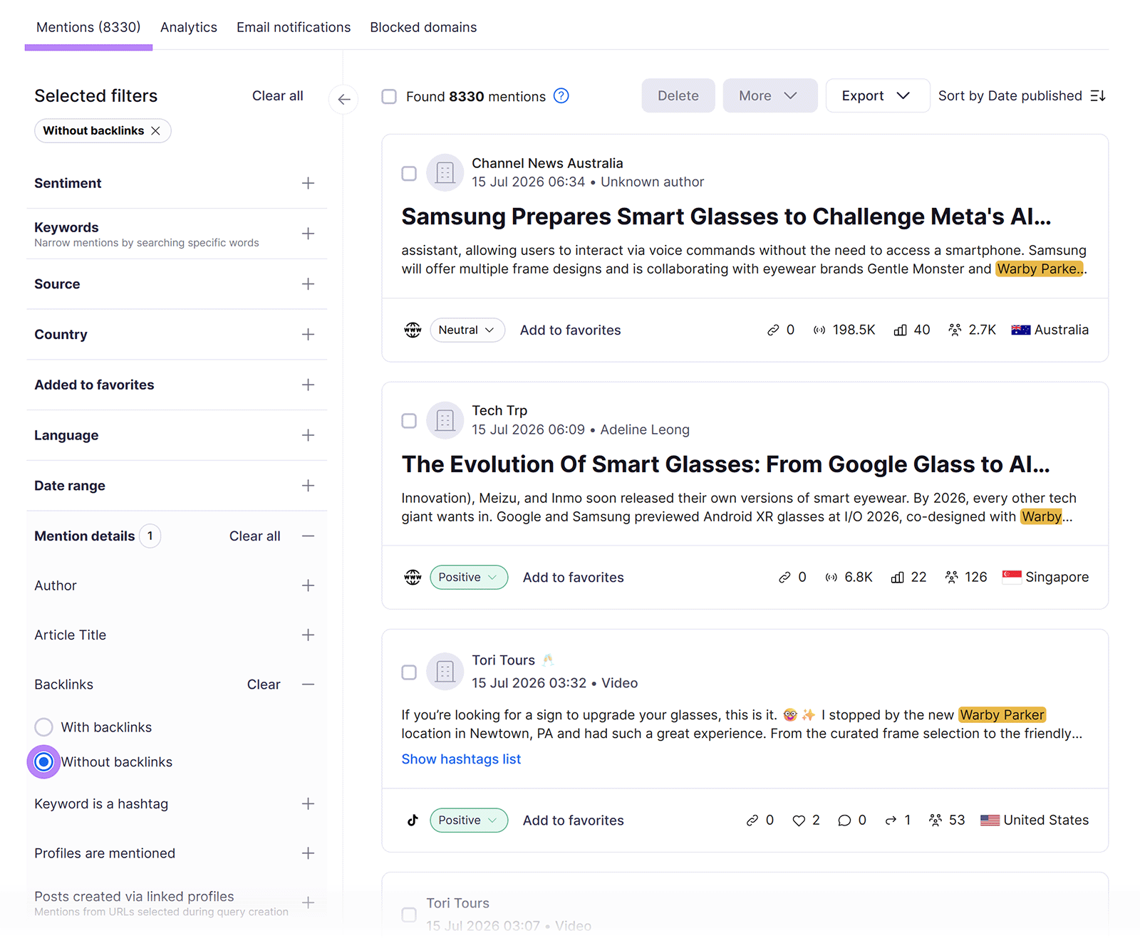 Brand Monitoring report filtered to show unlinked brand mentions without backlinks