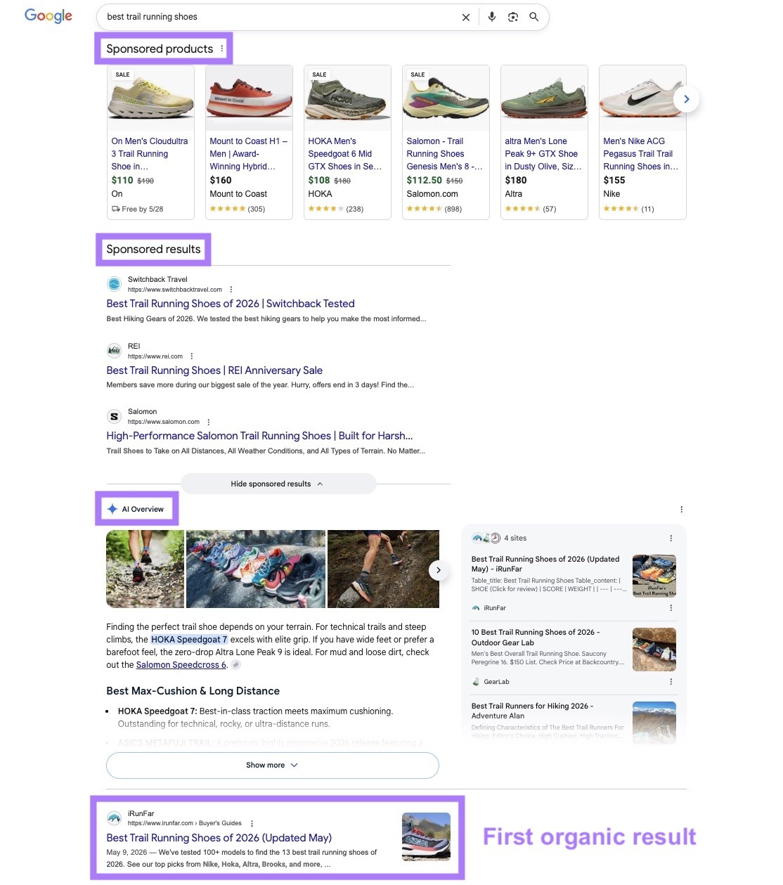 Google SERP showing shopping carousels, paid ads, an an AI overview appearing before the first organic result.