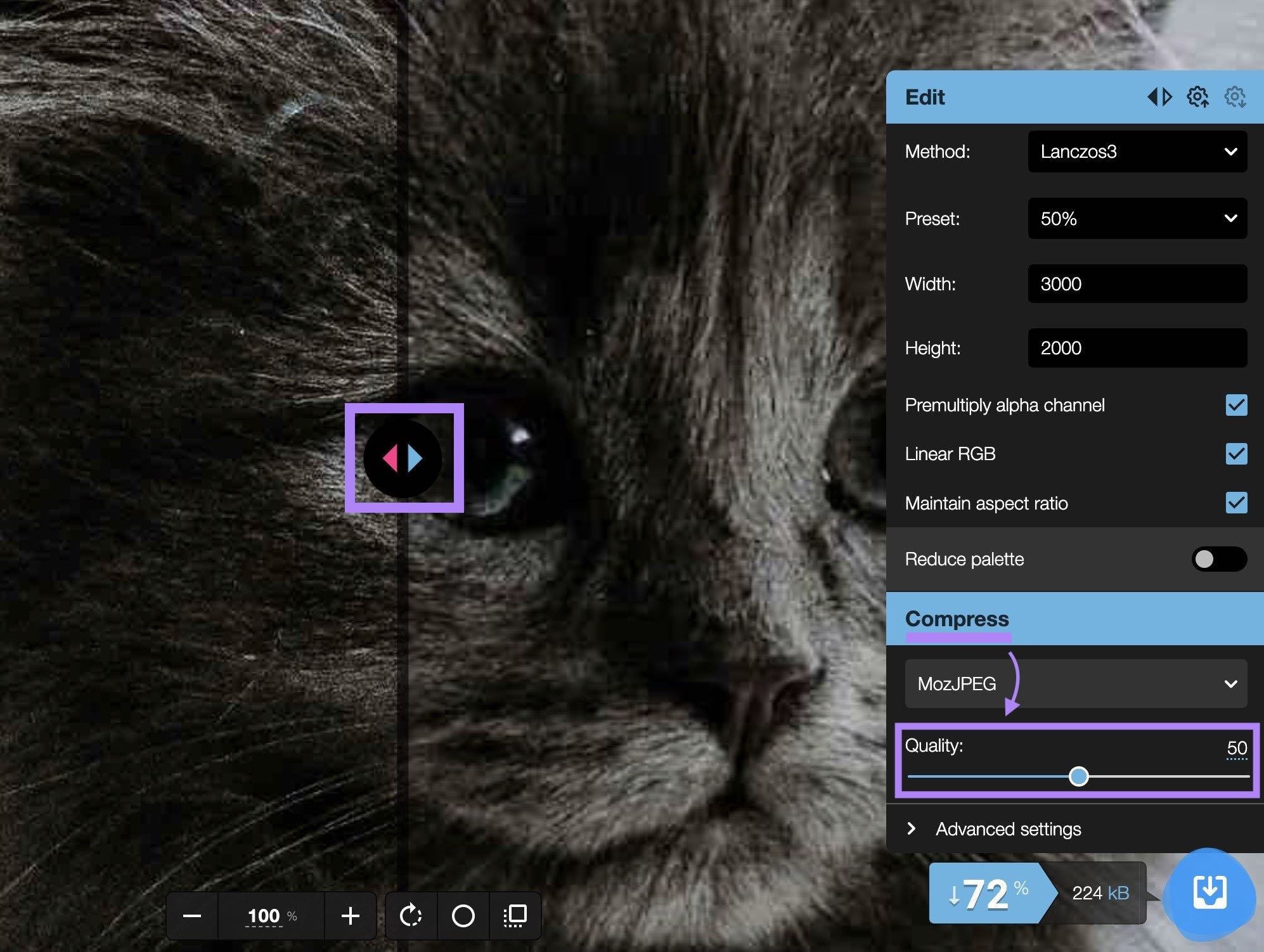 Squoosh interface with the "Quality" and "Before/After" sliders highlighted.