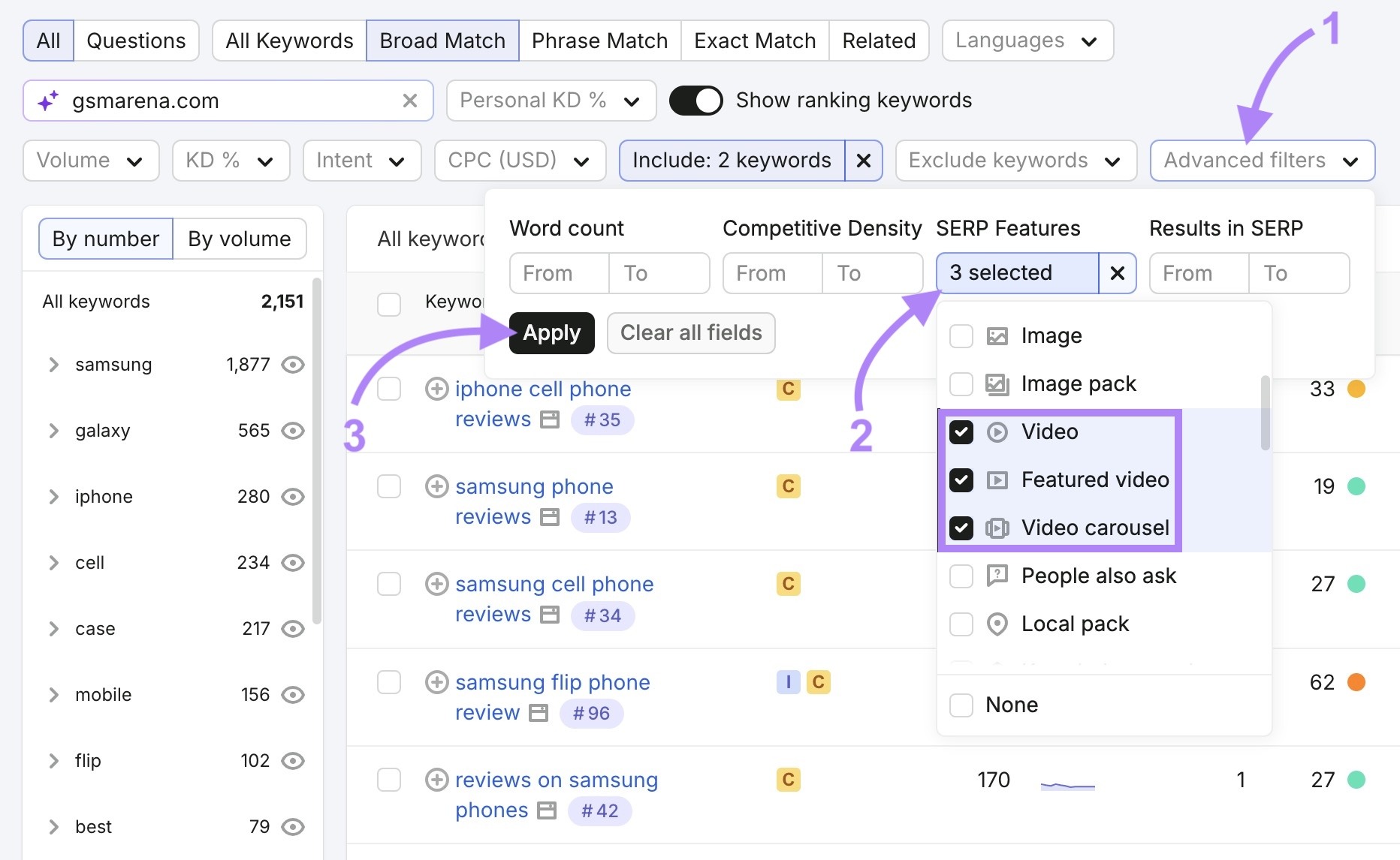 Applying a filter on the Keyword Magic Tool to only show terms that trigger video results on the SERP.