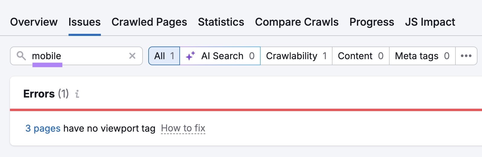 "mobile" entered on the "Issues" tab of the Site Audit tool showing pages that don't have a viewport tag.