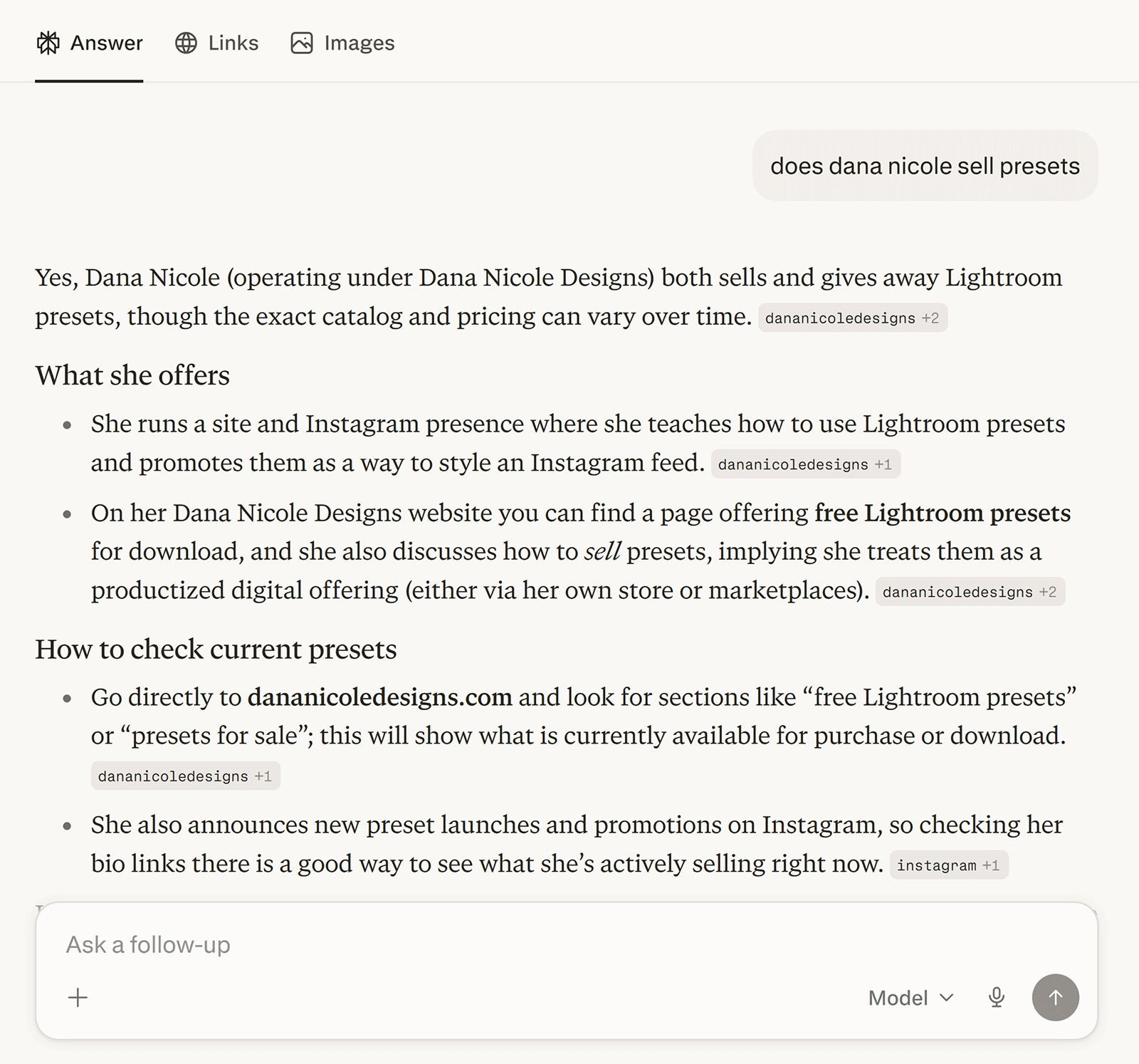 AI-generated answer showing outdated product info about Dana Nicole presets with cited sources