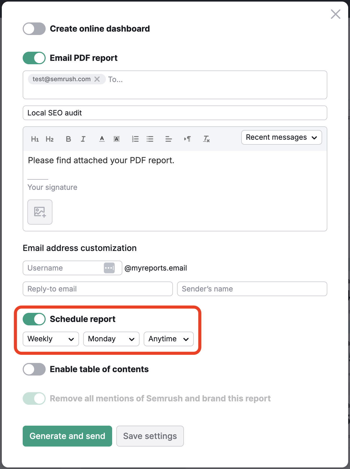 The generate PDF report settings with the schedule report section highlighted.