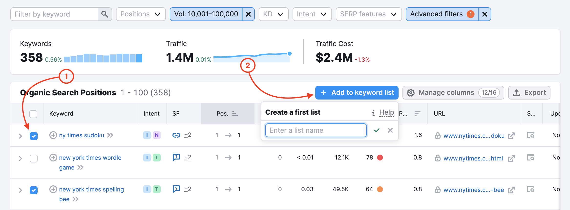 Organic Rankings tool. The first red arrow points to the selected checkbox to the left of the keyword. The second red arrow point to the "add to keyword list" button at the top of the keyword table.